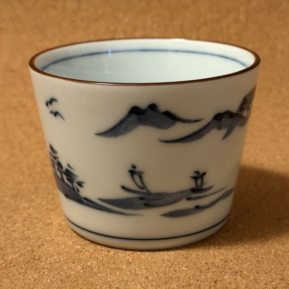 Japanese Blue & White Porcelain Tea Cup, Scenic Landscape Design, Maker Mark